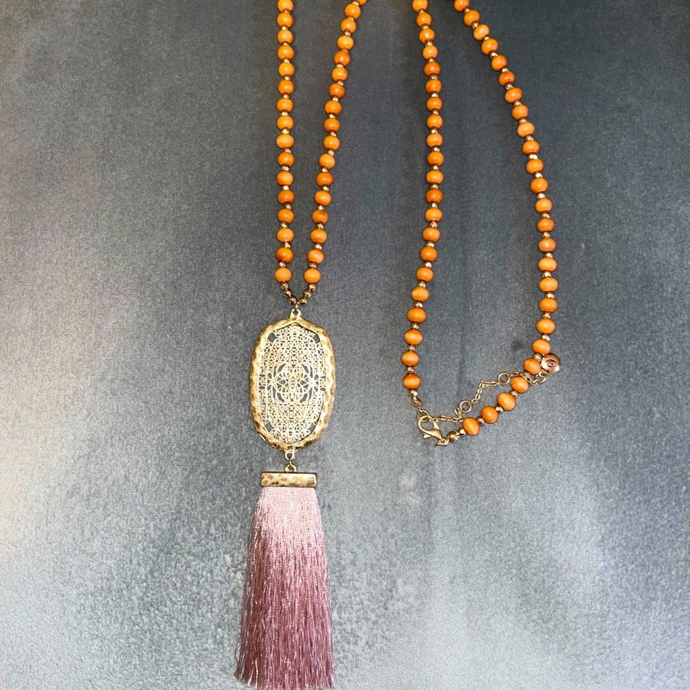 Pink beaded tassel necklace